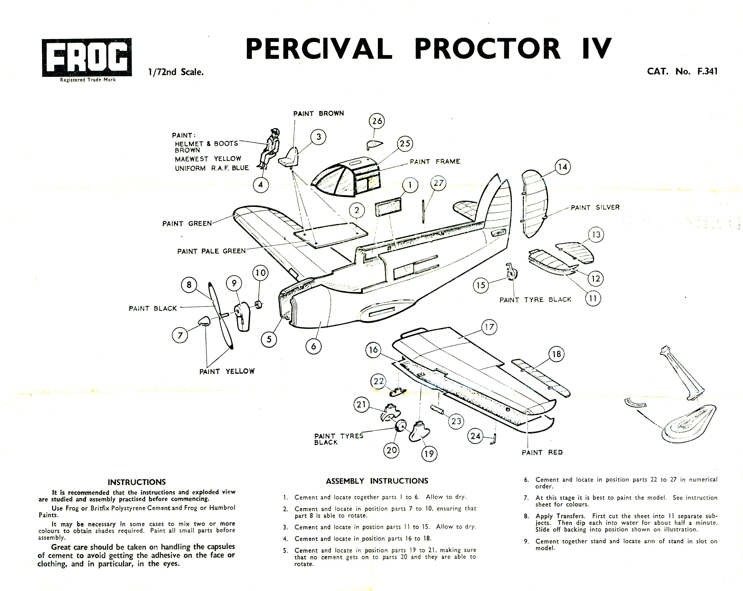 FROG F341 Percival Proctor IV Trainer, Black series with Gold Tokens, IMA Ltd 1965, assembly instructions
